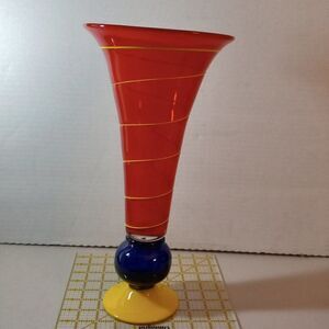 Mid Century Modern Red with Yellow Swirl Art Glass Vase